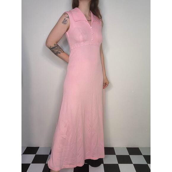 60s 70s Vtg Boho Mod Light Pink Long Maxi Empire Waist Wing Collared Dress Sz Md - Picture 2 of 8